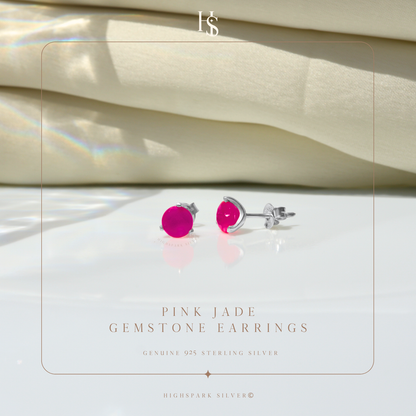 Pink Jade Gemstone Stud Earrings in 925 Sterling Silver For Women