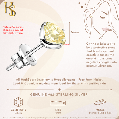 Citrine Gemstone Stud Earrings in 925 Sterling Silver For Women