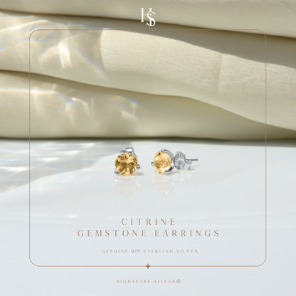 Citrine Gemstone Stud Earrings in 925 Sterling Silver For Women