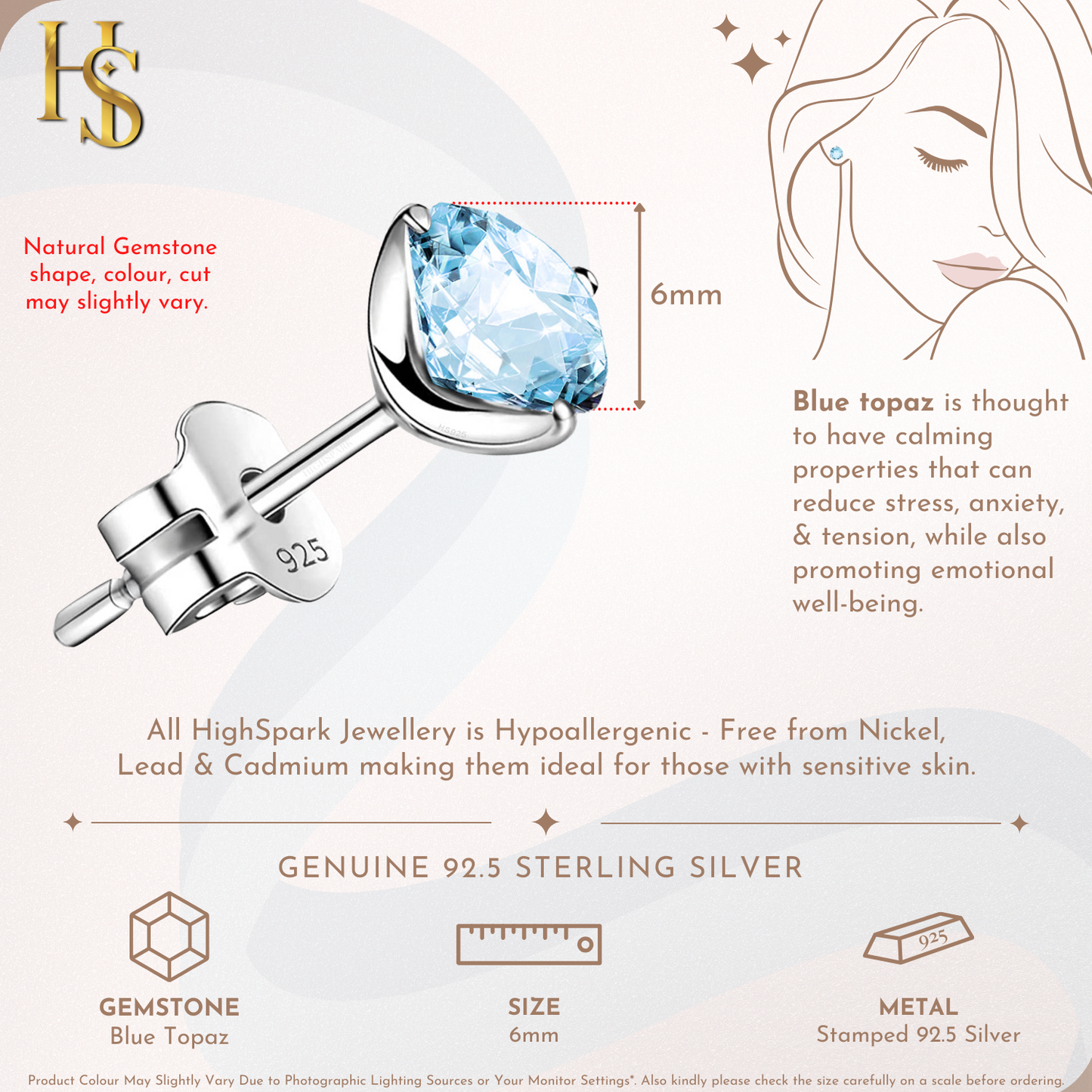 Blue Topaz Gemstone Stud Earrings in 925 Sterling Silver For Women