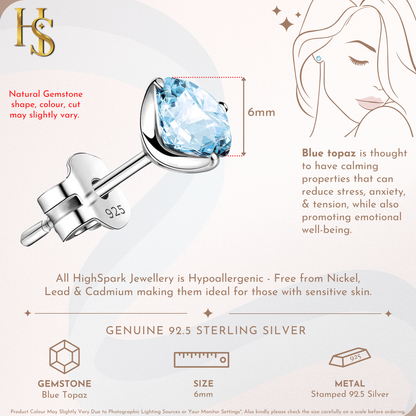 Blue Topaz Gemstone Stud Earrings in 925 Sterling Silver For Women
