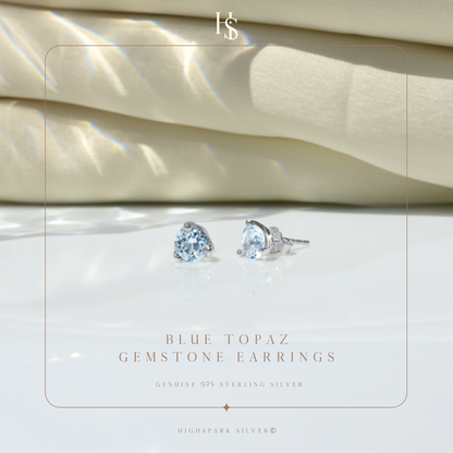 Blue Topaz Gemstone Stud Earrings in 925 Sterling Silver For Women