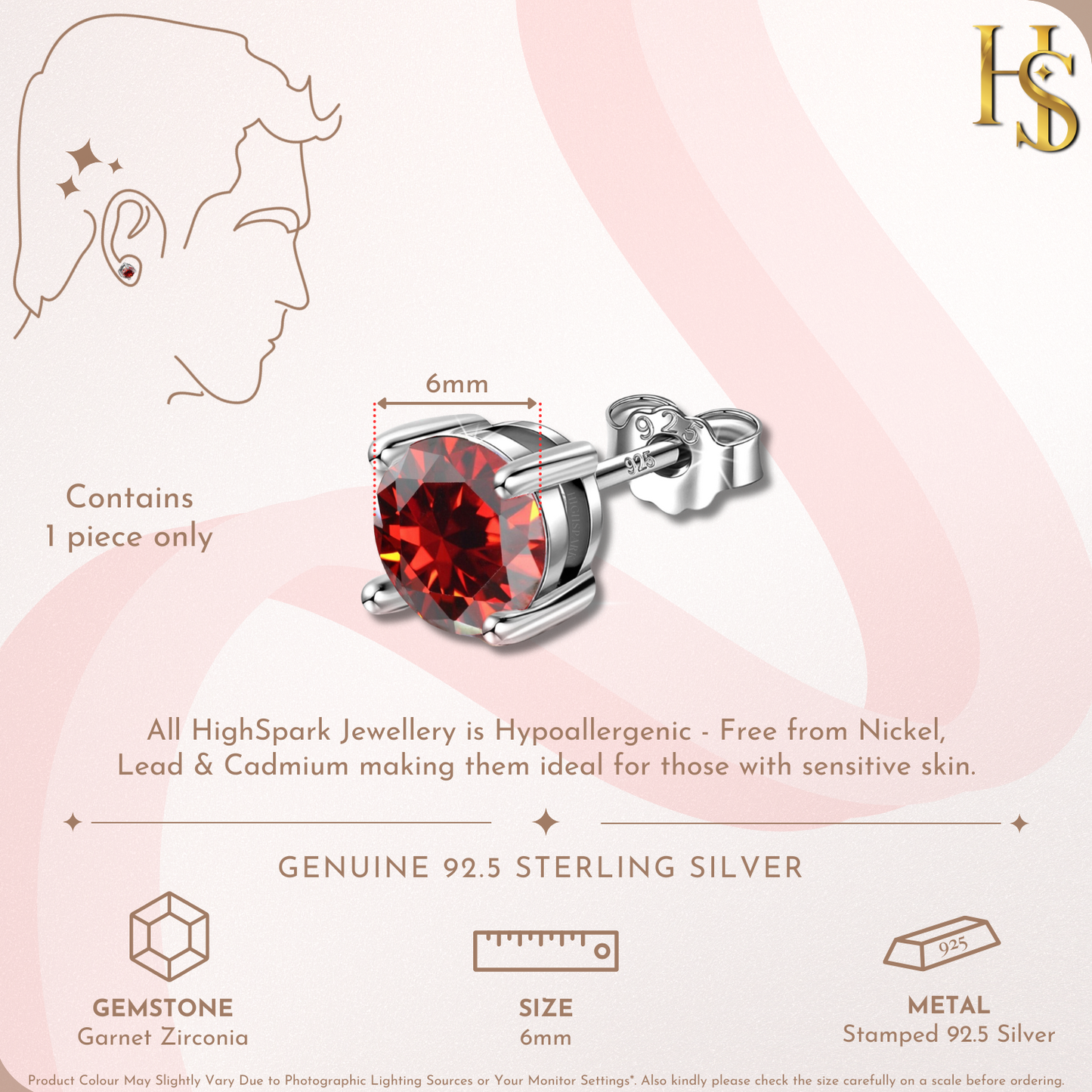 Men's Solitaire Stud Earring - 925 Silver - Birthstone January Garnet Zirconia - 1 Piece