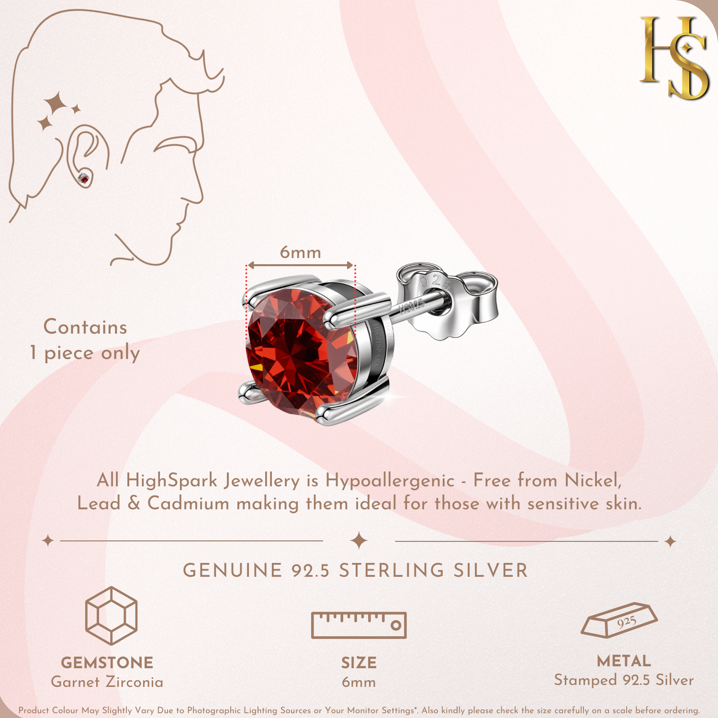 Men's Solitaire Stud Earring - 925 Silver - Birthstone January Garnet Zirconia - 1 Piece