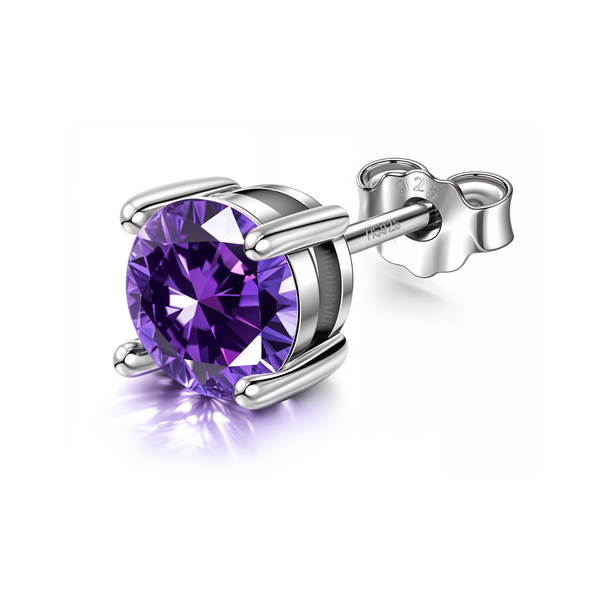 Men's Solitaire Stud Earring - 925 Silver - Birthstone February Amethyst Zirconia - 1 Piece