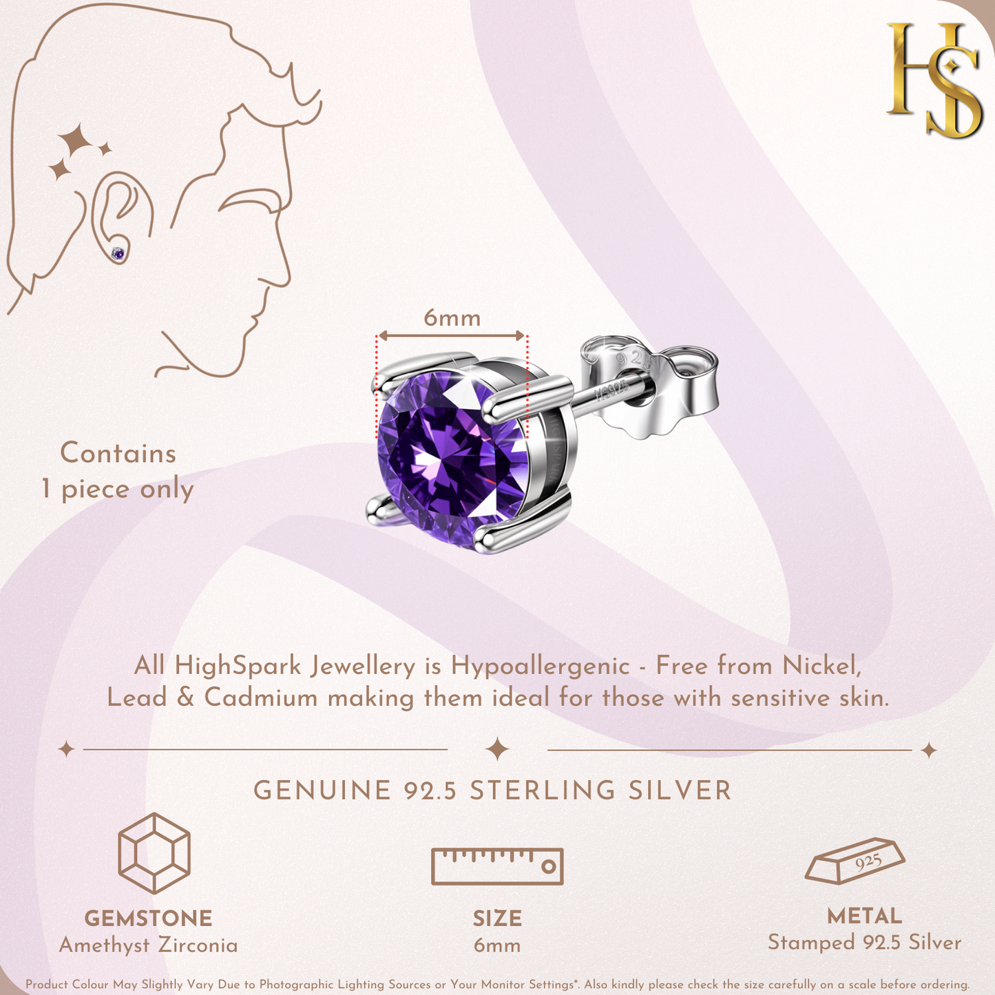 Men's Solitaire Stud Earring - 925 Silver - Birthstone February Amethyst Zirconia - 1 Piece
