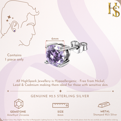 Men's Solitaire Stud Earring - 925 Silver - Birthstone February Amethyst Zirconia - 1 Piece