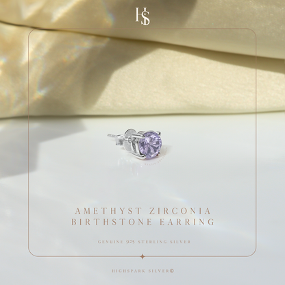 Men's Solitaire Stud Earring - 925 Silver - Birthstone February Amethyst Zirconia - 1 Piece