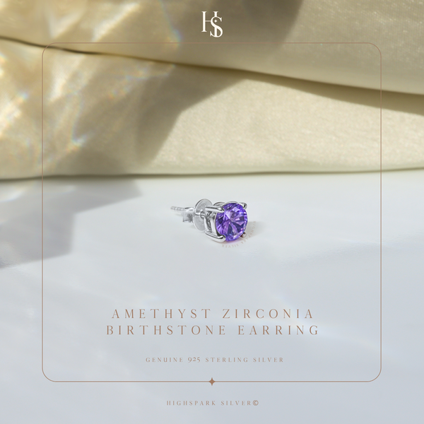 Men's Solitaire Stud Earring - 925 Silver - Birthstone February Amethyst Zirconia - 1 Piece