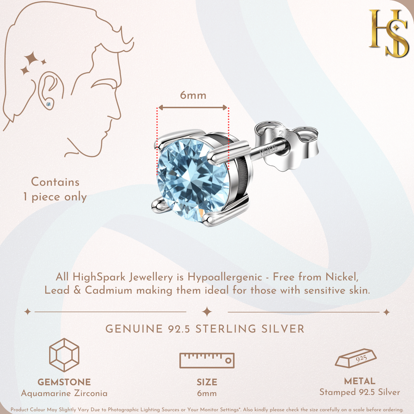 Men's Solitaire Stud Earring - 925 Silver - Birthstone March Aquamarine Zirconia - 1 Piece