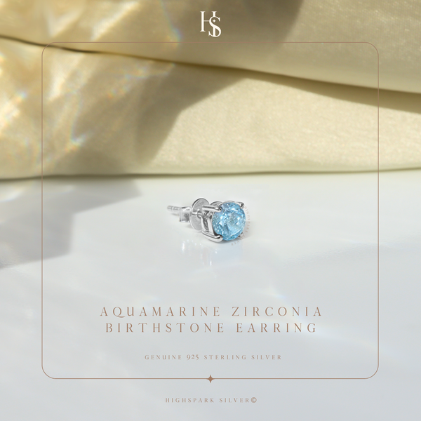 Men's Solitaire Stud Earring - 925 Silver - Birthstone March Aquamarine Zirconia - 1 Piece