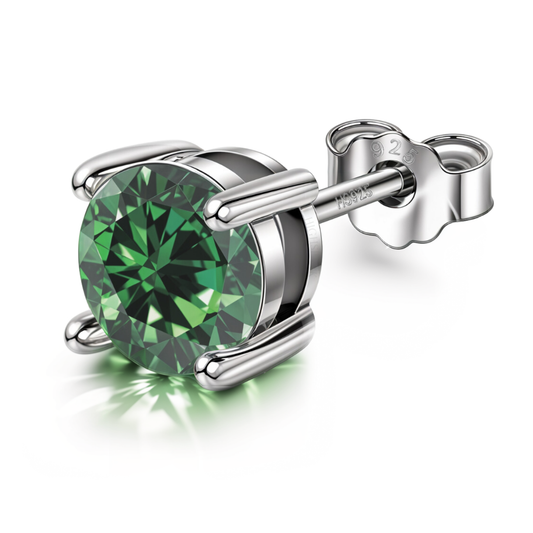 Men's Solitaire Stud Earring - 925 Silver - Birthstone May Emerald Zirconia - 1 Piece