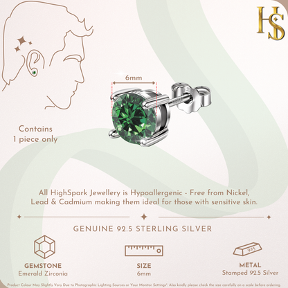 Men's Solitaire Stud Earring - 925 Silver - Birthstone May Emerald Zirconia - 1 Piece