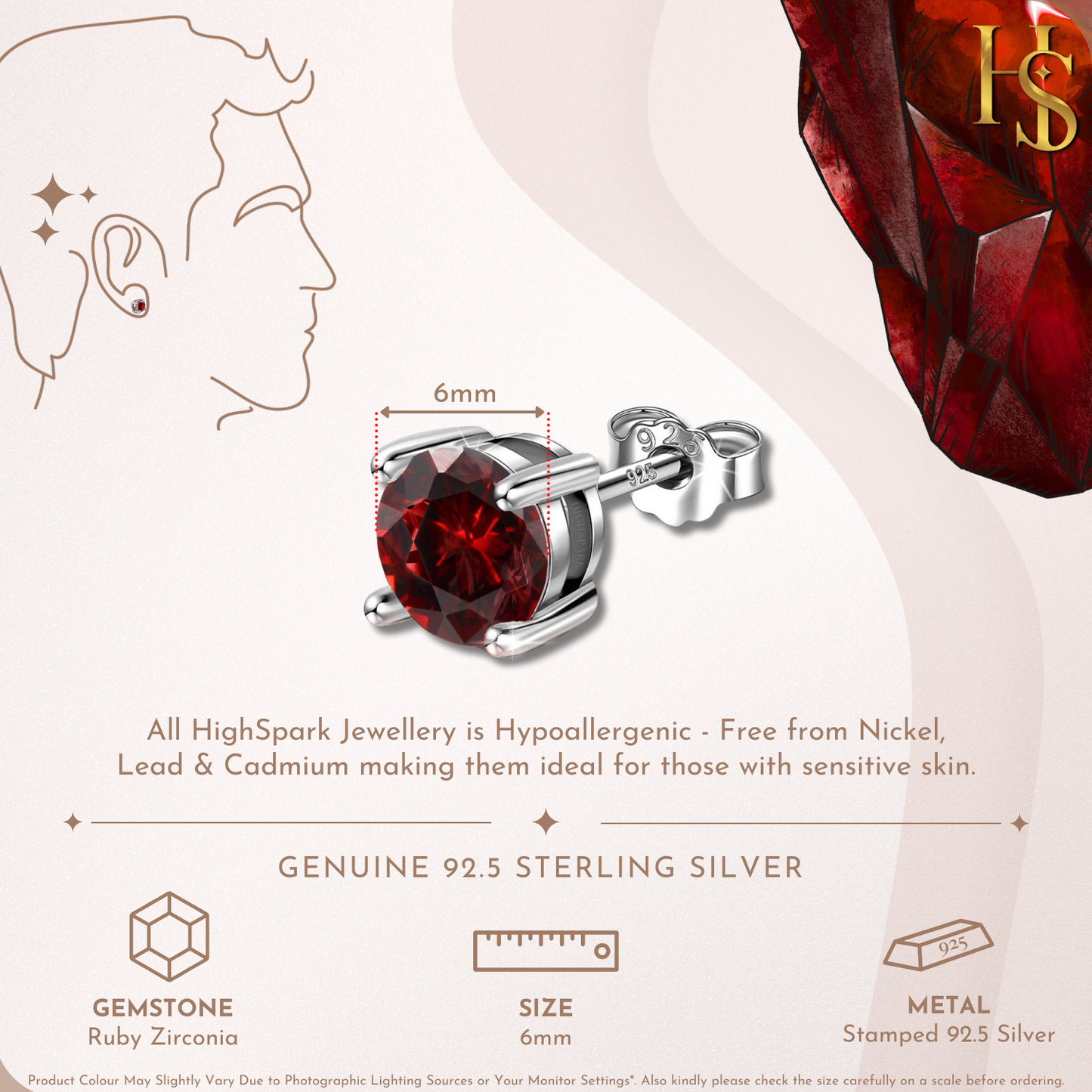 Men's Solitaire Stud Earring - 925 Silver - Birthstone July Ruby Zirconia - 1 Piece