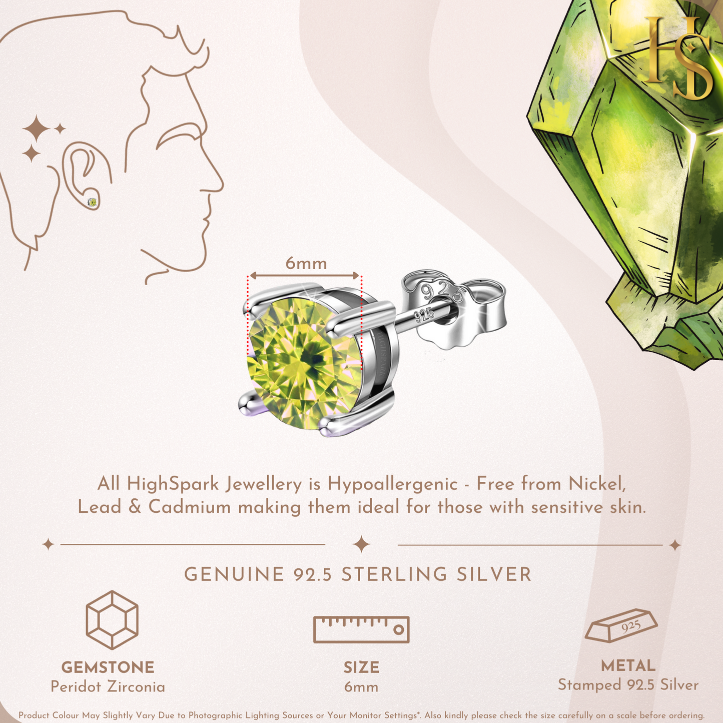 Men's Solitaire Stud Earring - 925 Silver - Birthstone August Peridot Zirconia - 1 Piece