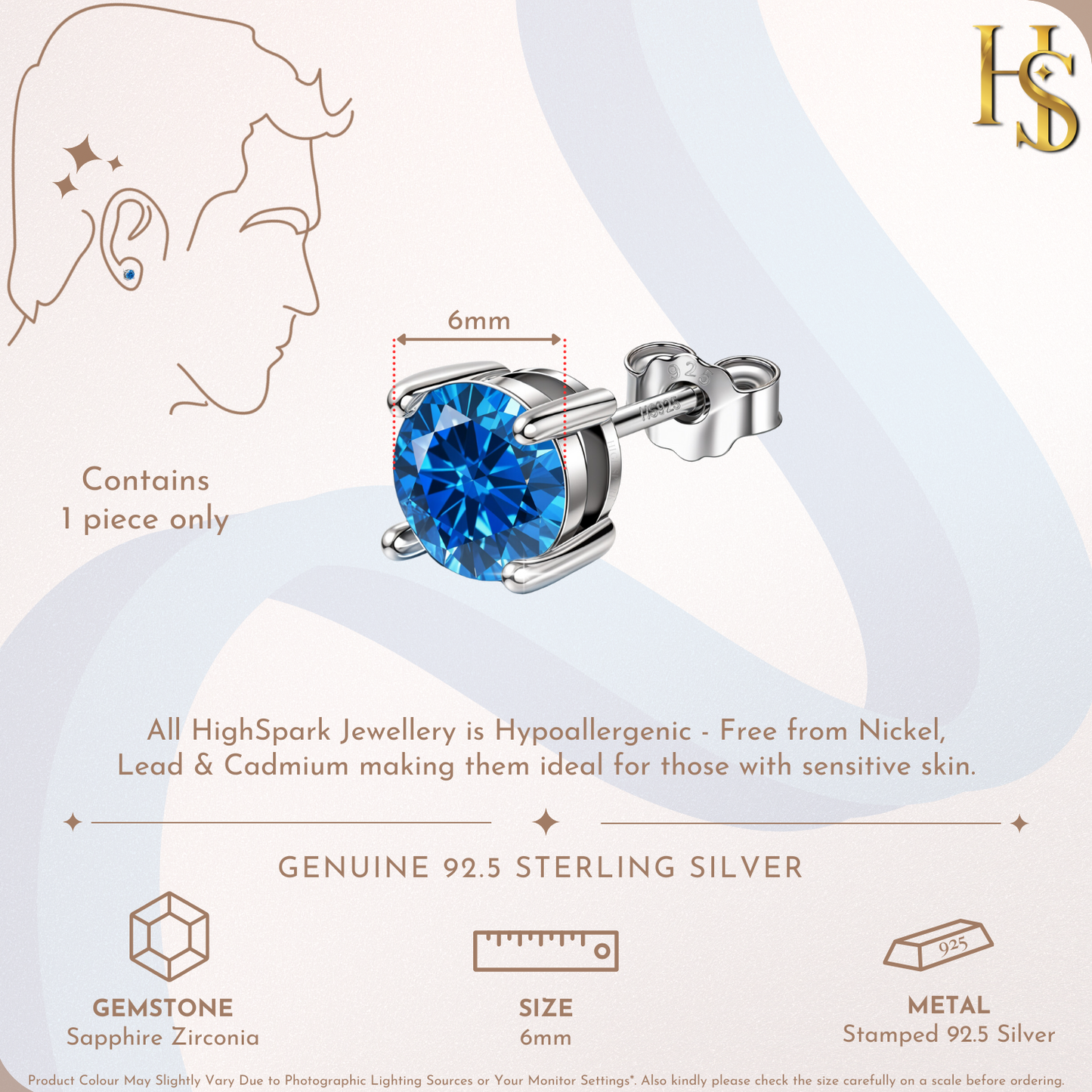 Men's Solitaire Stud Earring - 925 Silver - Birthstone September Sapphire Zirconia - 1 Piece