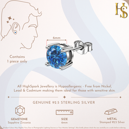 Men's Solitaire Stud Earring - 925 Silver - Birthstone September Sapphire Zirconia - 1 Piece