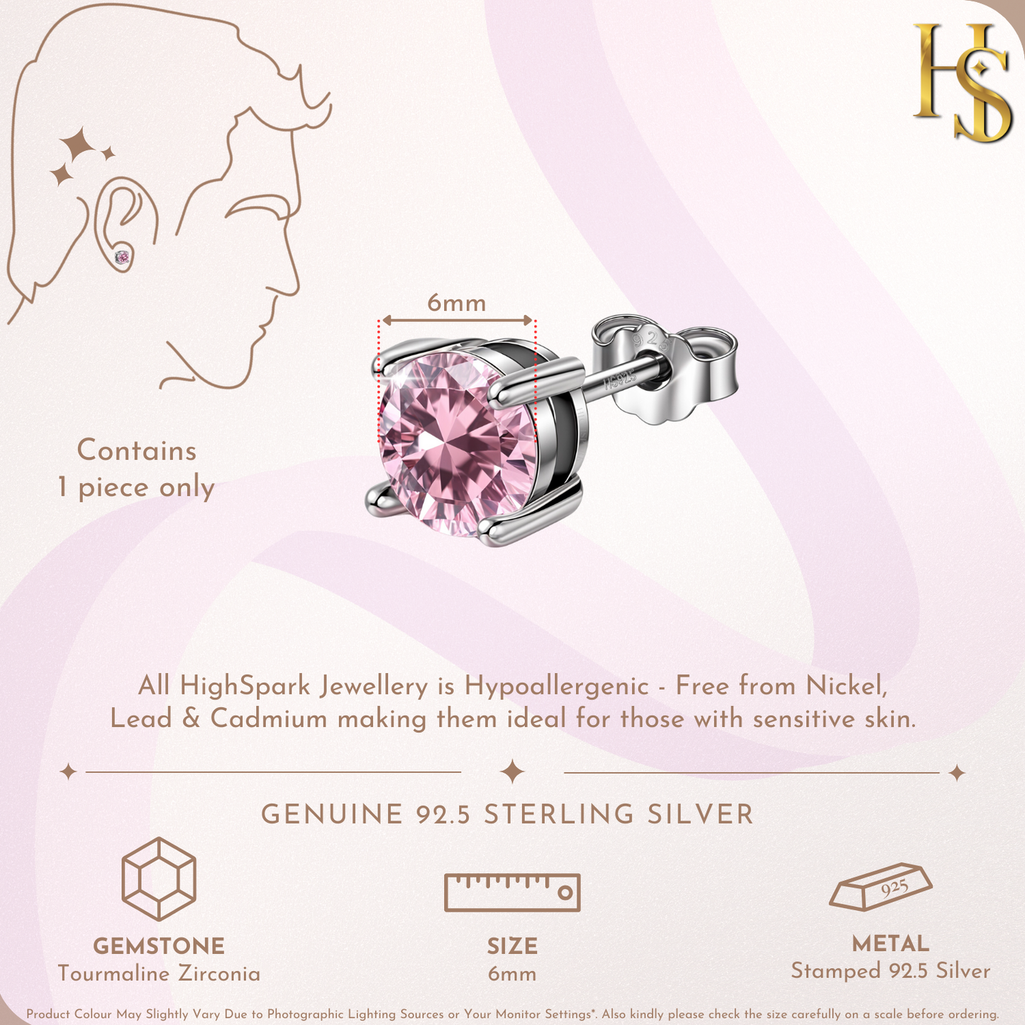Men's Solitaire Stud Earring - 925 Silver - Birthstone October Tourmaline Zirconia - 1 Piece