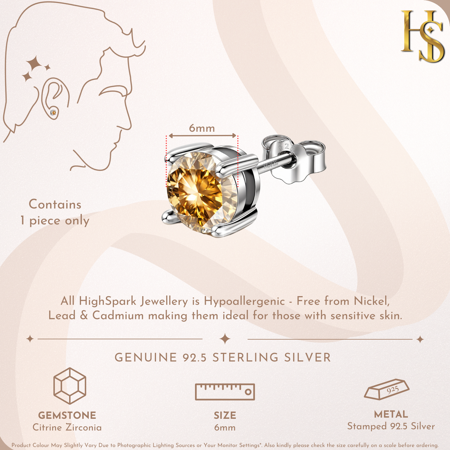 Men's Solitaire Stud Earring - 925 Silver - Birthstone November Citrine Zirconia - 1 Piece
