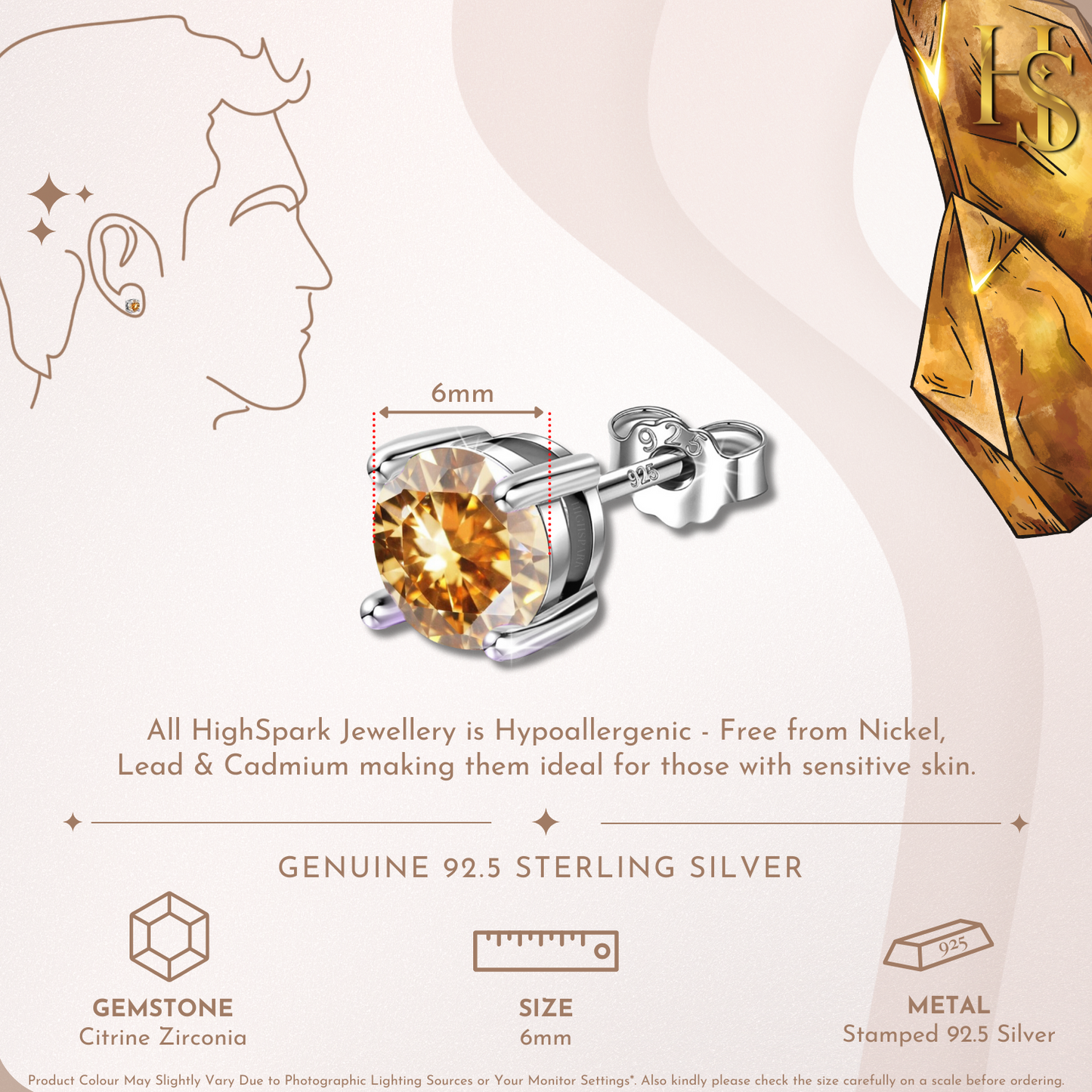 Men's Solitaire Stud Earring - 925 Silver - Birthstone November Citrine Zirconia - 1 Piece