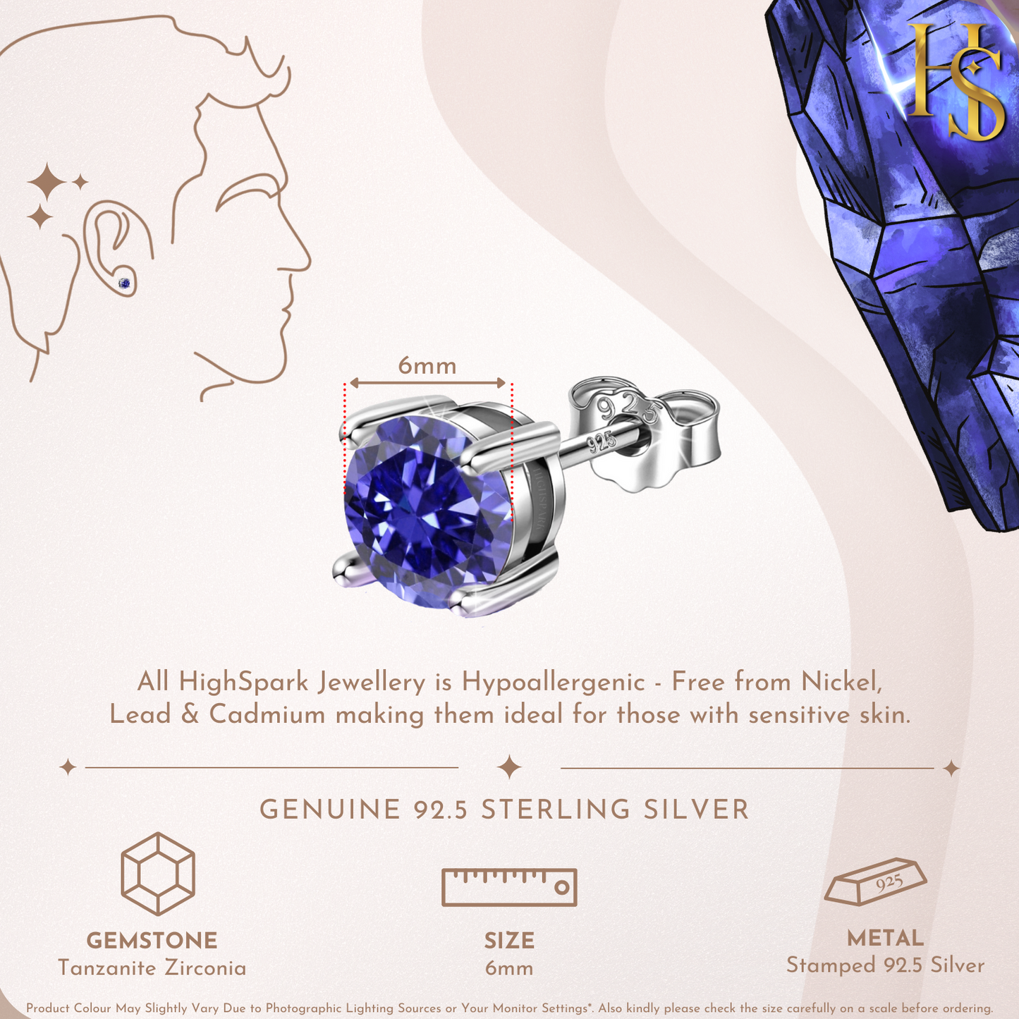Men's Solitaire Stud Earring - 925 Silver - Birthstone December Tanzanite Zirconia - 1 Piece