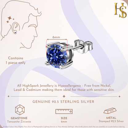 Men's Solitaire Stud Earring - 925 Silver - Birthstone December Tanzanite Zirconia - 1 Piece