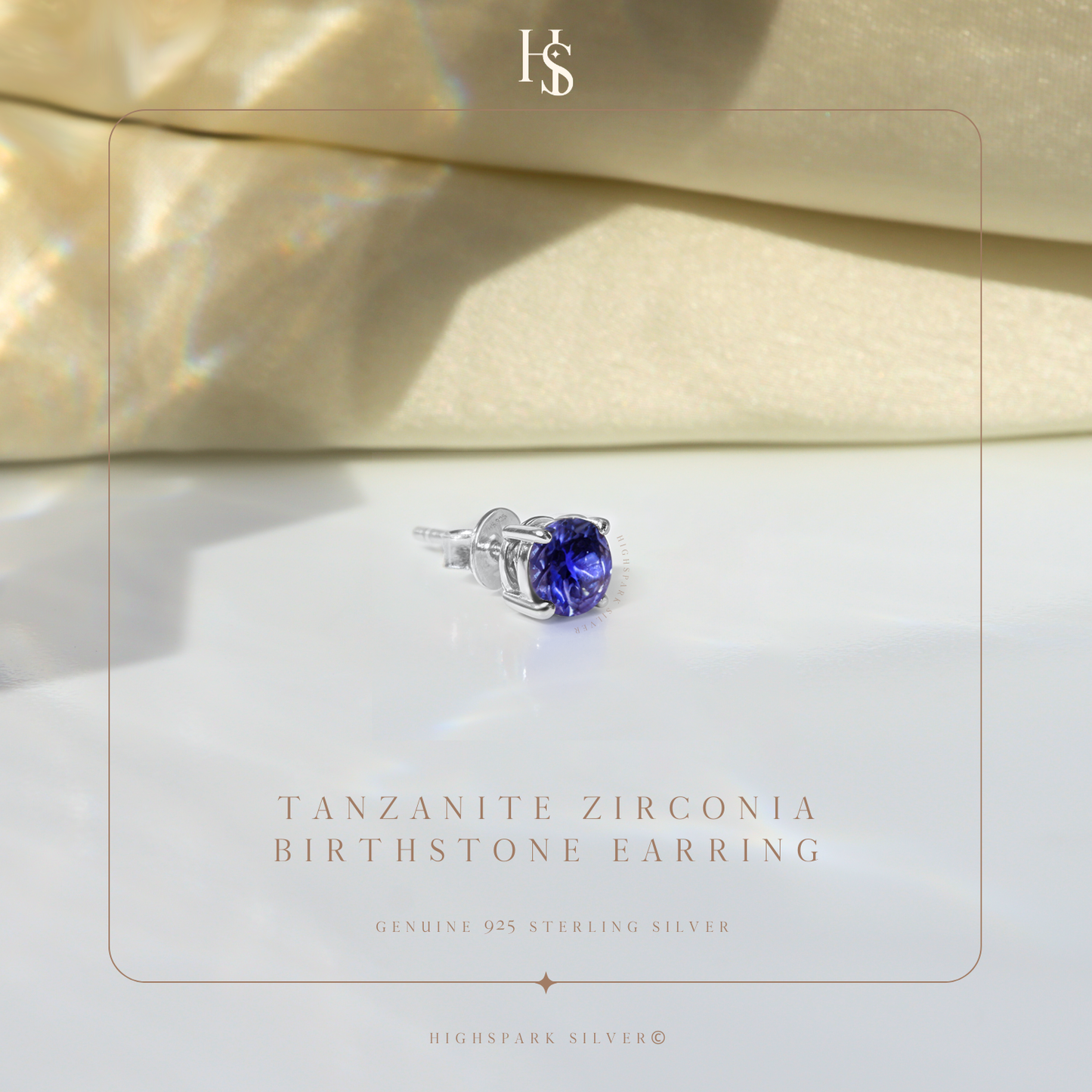 Men's Solitaire Stud Earring - 925 Silver - Birthstone December Tanzanite Zirconia - 1 Piece