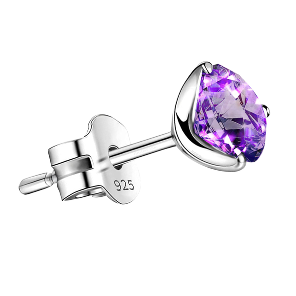 A single stud earring for men with a round, brilliant-cut amethyst gemstone in a prong setting, crafted from 925 sterling silver.