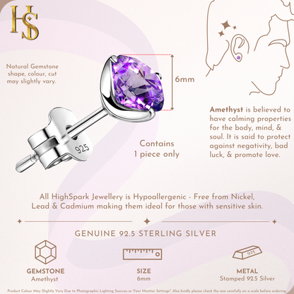Amethyst Gemstone Stud Earrings in 925 Sterling Silver for Men