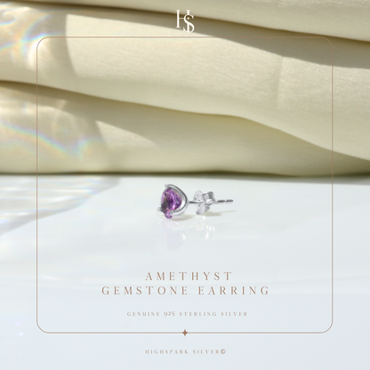 Amethyst Gemstone Stud Earrings in 925 Sterling Silver for Men