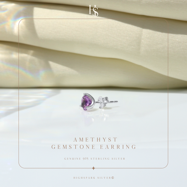 Amethyst Gemstone Stud Earrings in 925 Sterling Silver for Men