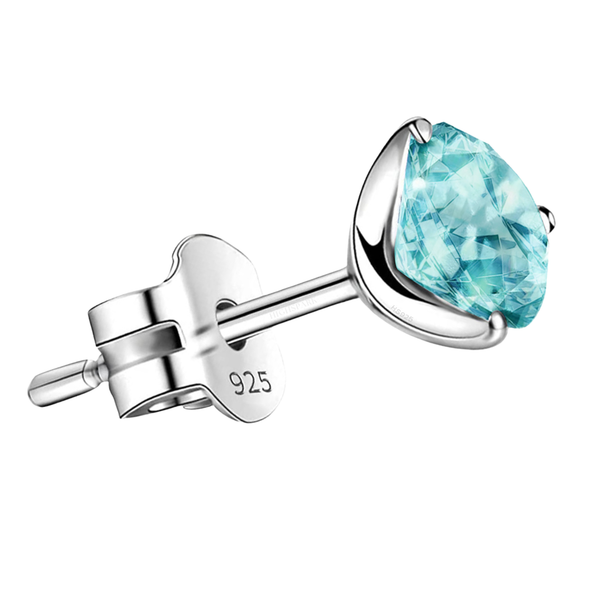A single stud earring for men with a round-cut aquamarine gemstone in a three-prong setting, crafted from 925 sterling silver.