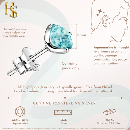 Aquamarine Gemstone Stud Earrings in 925 Sterling Silver for Men