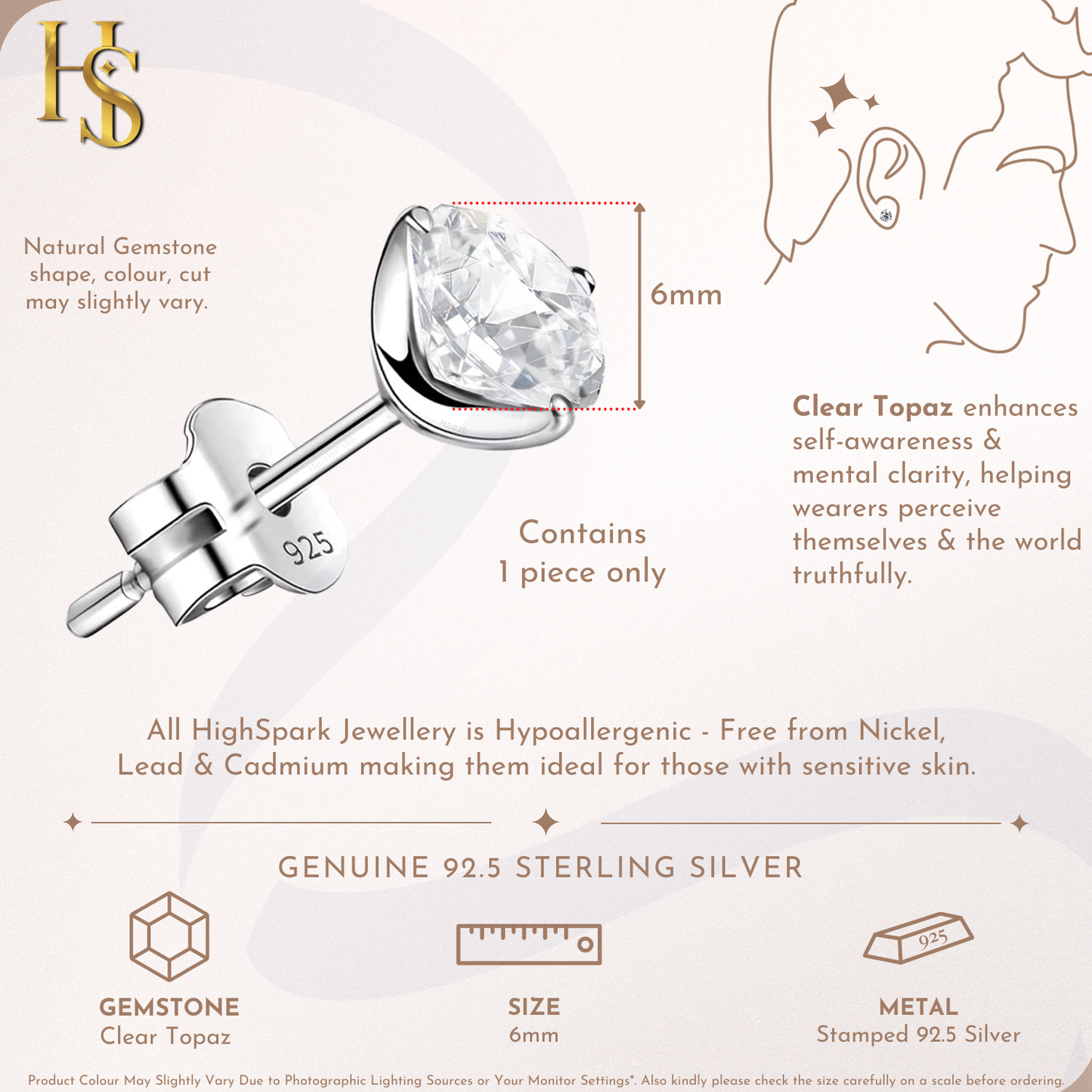 Real Clear Quartz Gemstone Earrings in 92.5 Sterling Silver For Men - 1 Piece Only