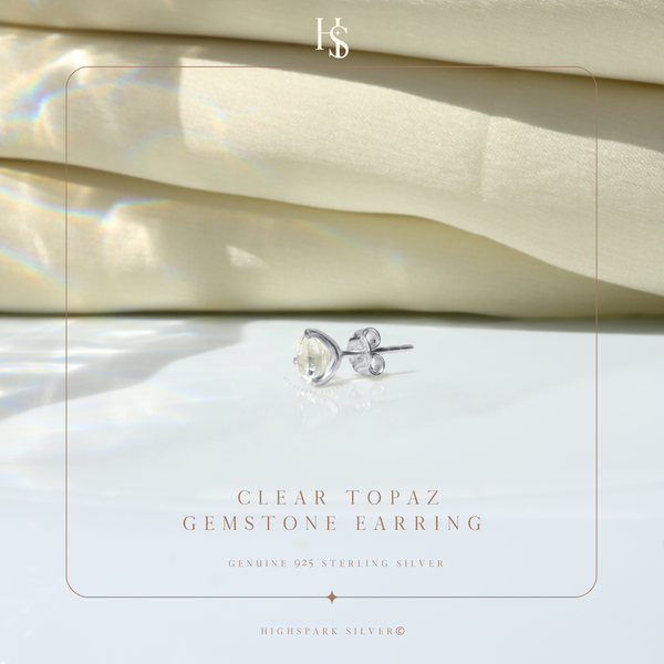 Real Clear Quartz Gemstone Earrings in 92.5 Sterling Silver For Men - 1 Piece Only