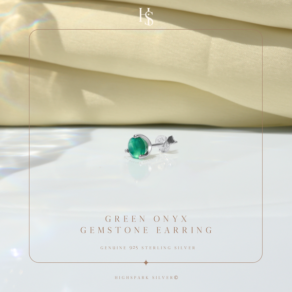 Green Onyx Gemstone Stud Earrings in 925 Sterling Silver for Men