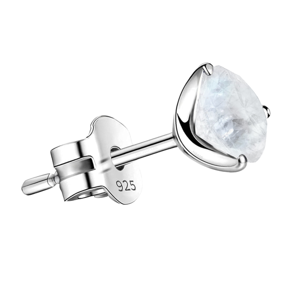 A single stud earring for men with a pear-shaped moonstone gemstone in a three-prong setting, crafted from 925 sterling silver.