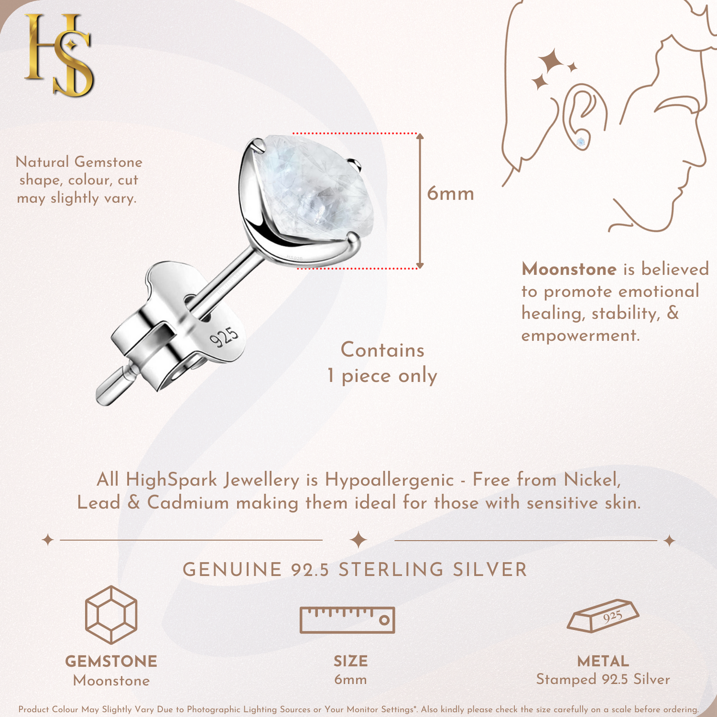 Moonstone Gemstone Stud Earrings in 925 Sterling Silver for Men