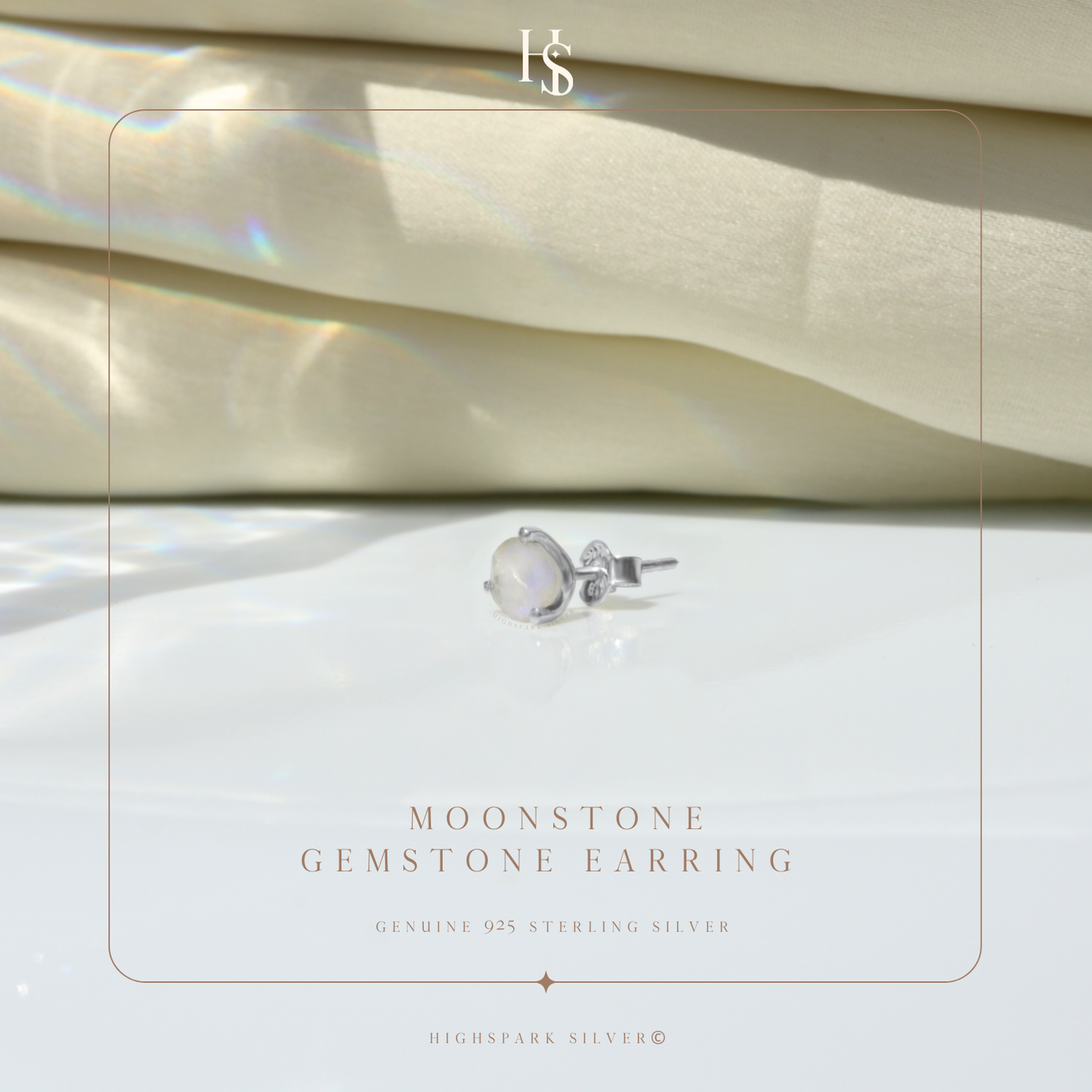 Moonstone Gemstone Stud Earrings in 925 Sterling Silver for Men