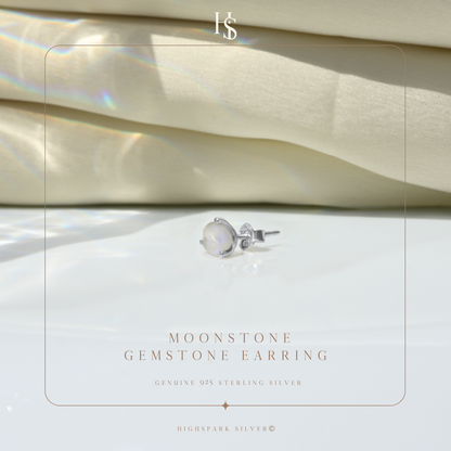 Moonstone Gemstone Stud Earrings in 925 Sterling Silver for Men