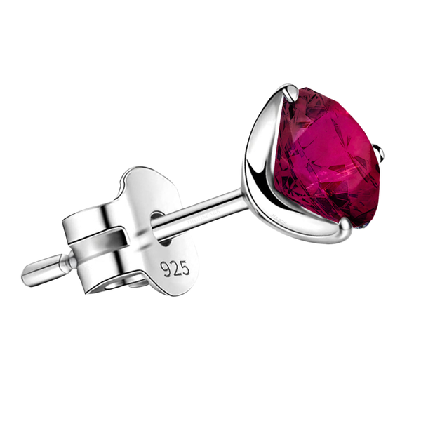 A single ruby stud for men, featuring a round-cut red gemstone in a three-prong setting made of 925 sterling silver, on a white background.