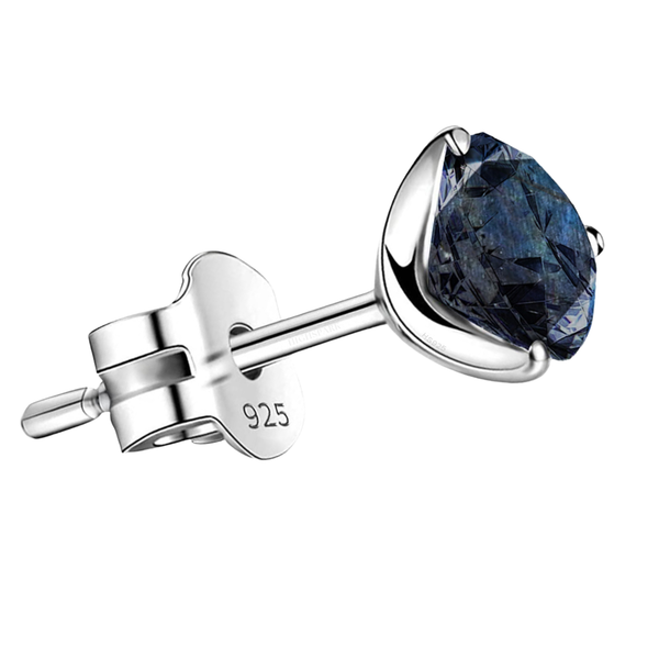 A single stud earring with a round, faceted labradorite gemstone in a three-prong sterling silver setting with a butterfly back.