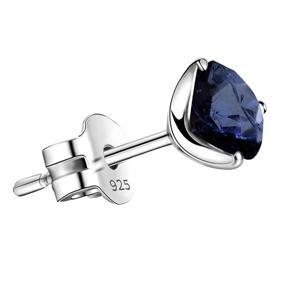A single stud earring with a round, faceted blue sodalite gemstone in a three-prong sterling silver setting with a push-back closure.