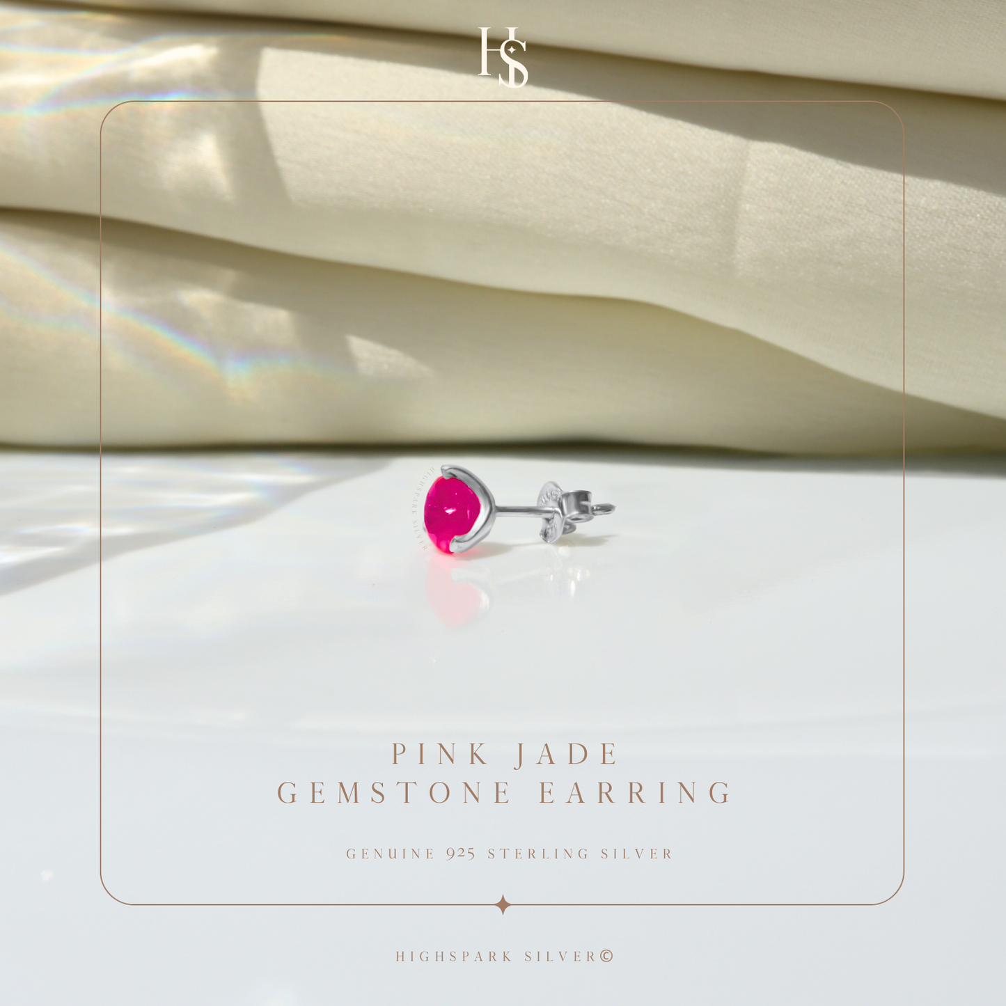 Pink Jade Gemstone Stud Earring in 925 Sterling Silver for Men
