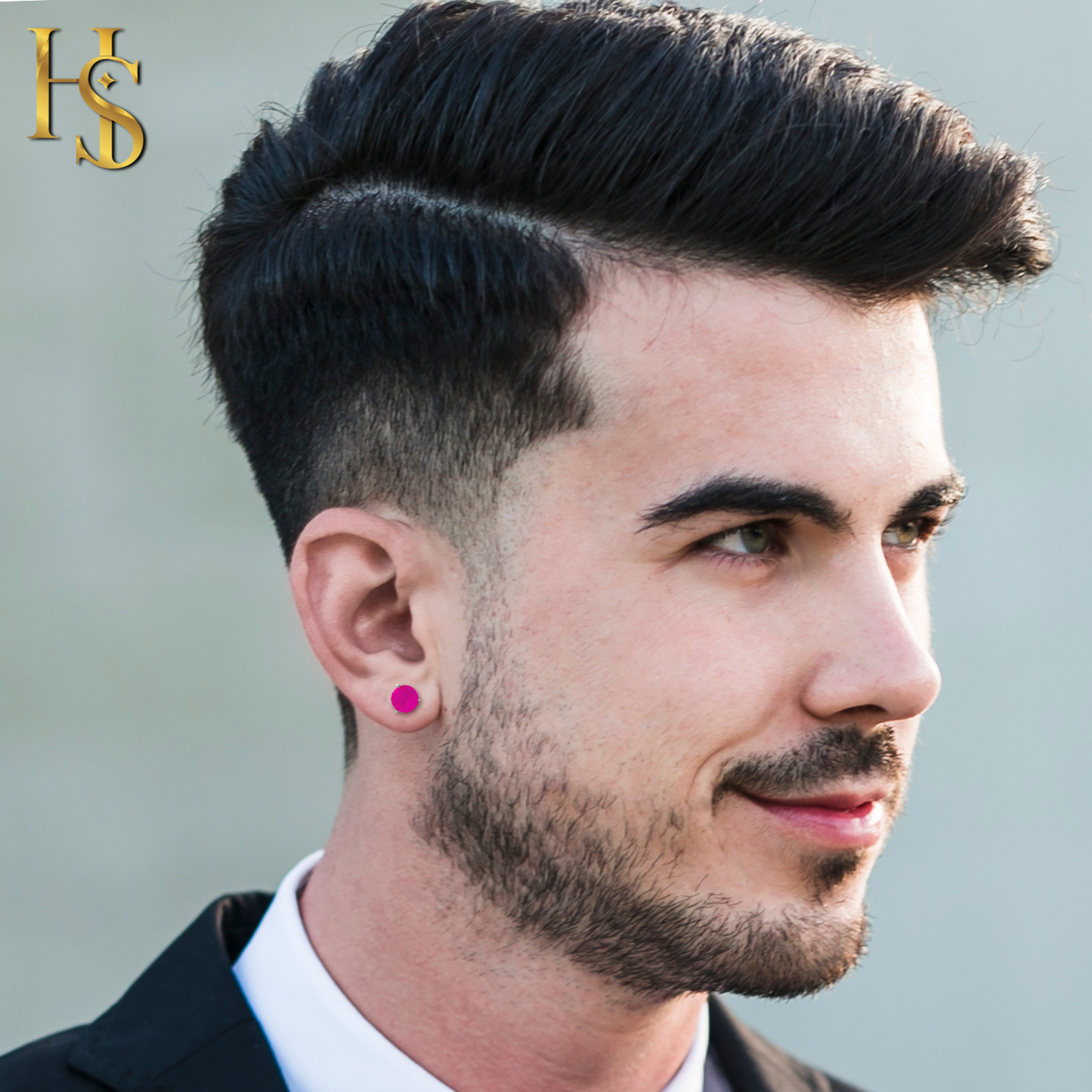 Pink Jade Gemstone Stud Earring in 925 Sterling Silver for Men