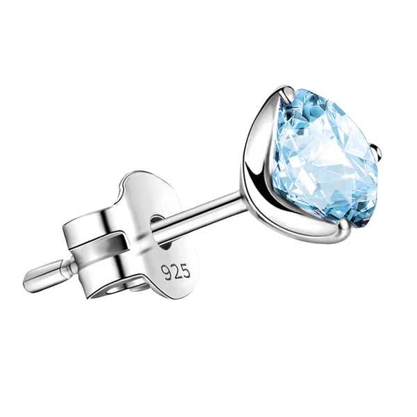 A single stud earring for men features a round, brilliant-cut blue topaz gemstone in a three-prong setting of 925 sterling silver.