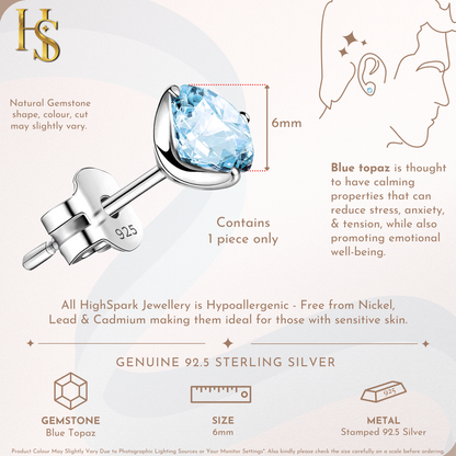 Blue Topaz Gemstone Stud Earrings in 925 Sterling Silver for Men