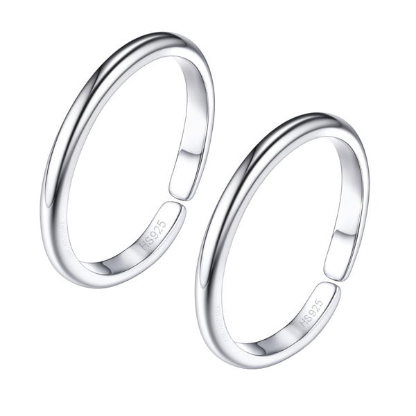 A pair of classic single band toe rings with an open, adjustable design, crafted from polished 925 sterling silver on a white background.