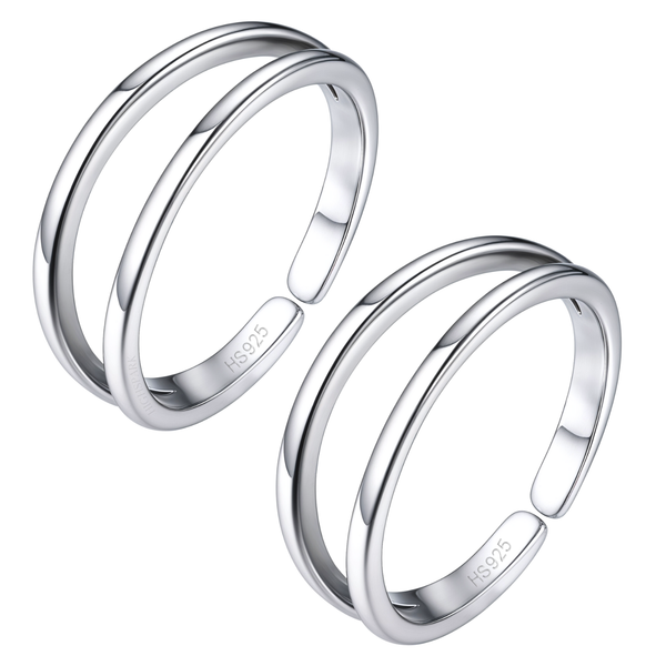 A pair of adjustable double band toe rings in polished sterling silver, shown on a plain white background.