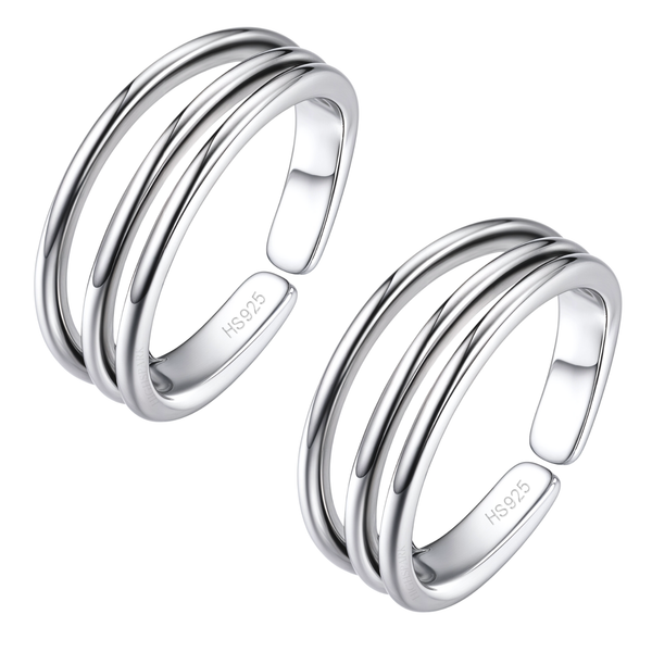 A pair of adjustable triple-band toe rings in polished 925 sterling silver, shown on a clean white background.